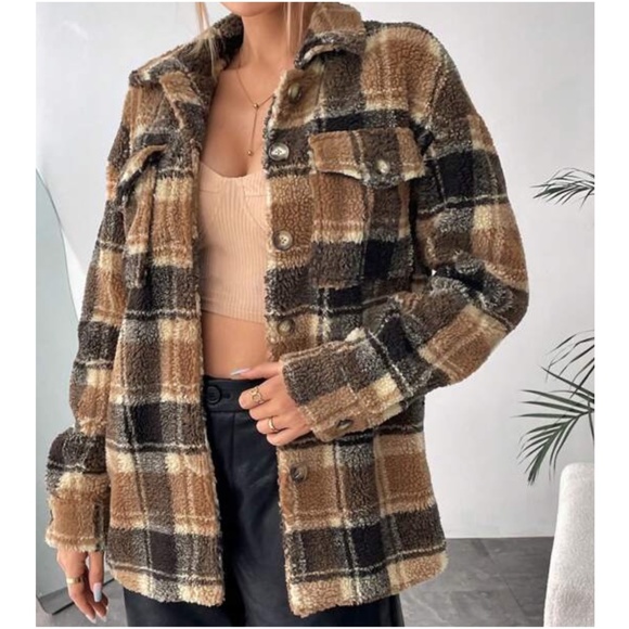 Sherpa plaid brown black button down teddy jacket - Picture 3 of 5